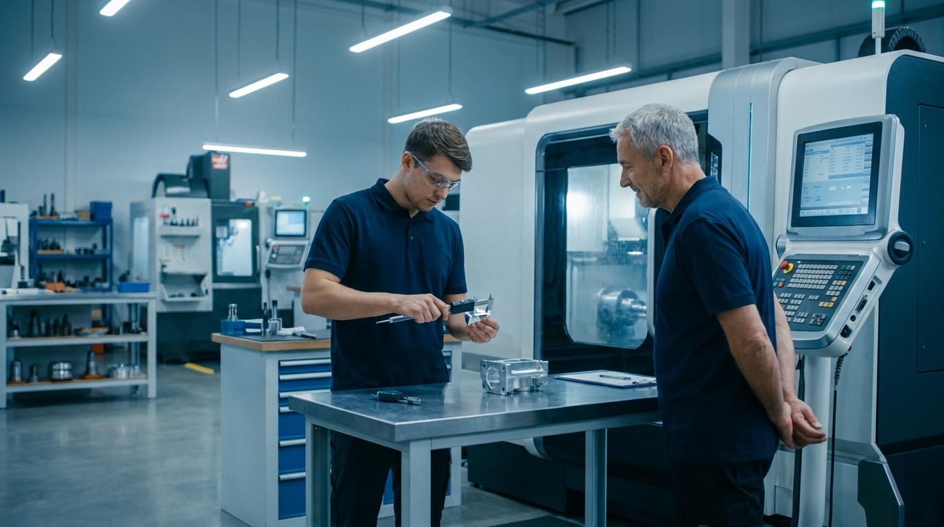 A young machinist measures a machined aluminum part with calipers while an experienced machinist watches, in a small precision machine shop.